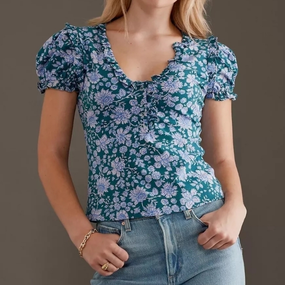 Anthropologie Maeve Puff-Sleeve Ruffle Henley Tee Blouse XS
